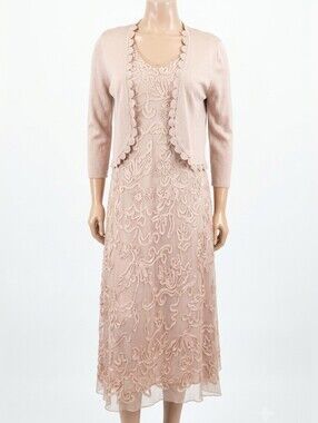 Windsmoor 2Pc Formal Gown Cardigan Set MOB Wedding Sheer Lace Neutral Dress